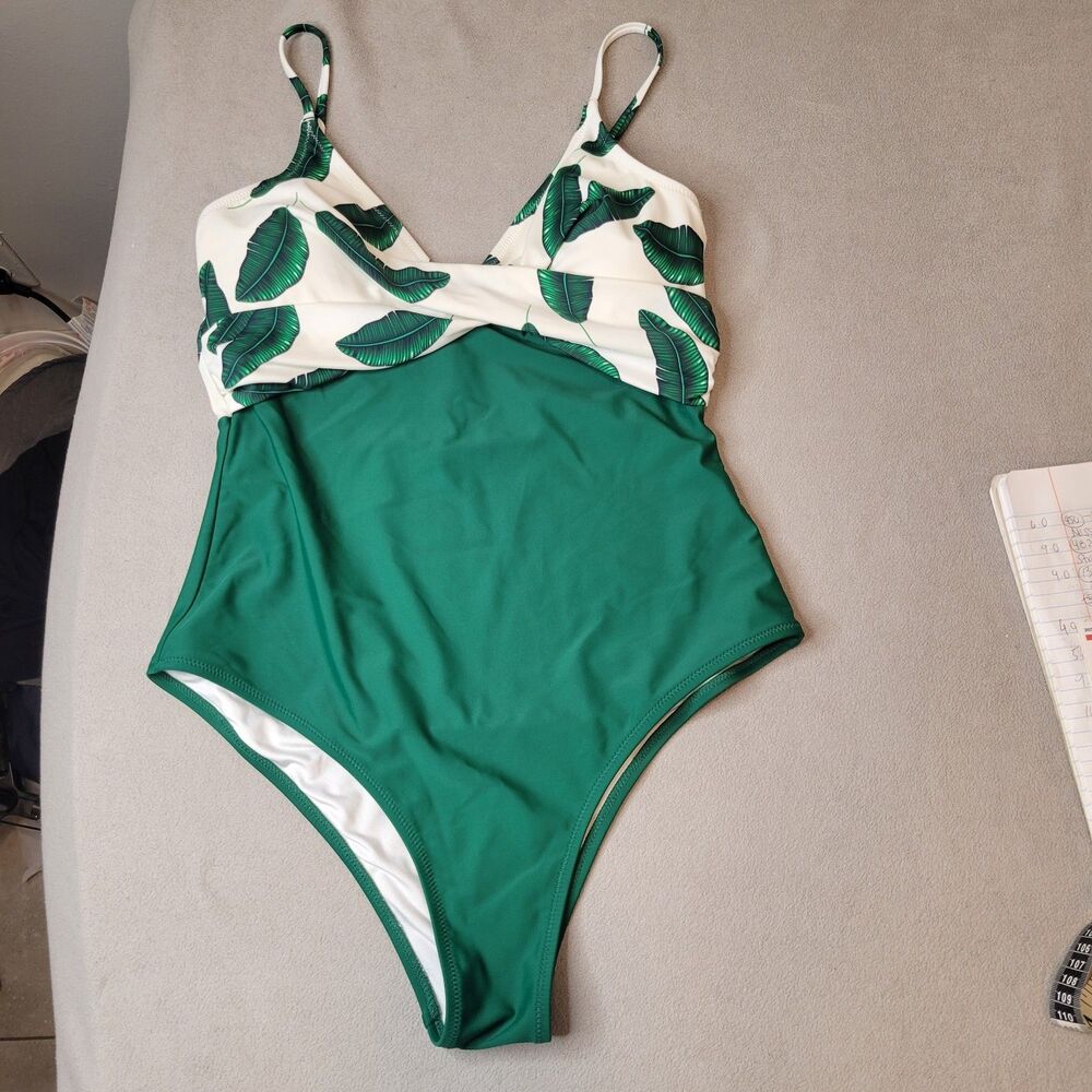 CUPSHE One Piece Swimsuit Tummy Control V Neck Bathing Suits Green Sz L